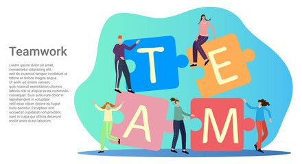 Teamwork.People are holding posters with the inscription team.The principle of cooperation.A business-style poster.Vector illustration.