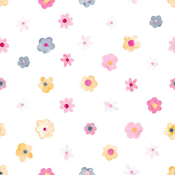 Watercolor seamless pattern with cute flowers. Perfect for fabric, textile, apparel. Cute seamless pattern. Great for nursery fabric, textile.