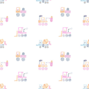 Cute toy cars. Watercolor illustration of construction machinery, truck, excavator, tractor, bulldozer. Seamless pattern.