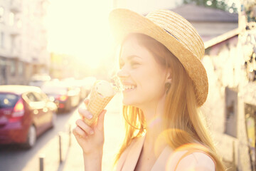 pretty woman outdoor walk eat ice cream walk travel Lifestyle