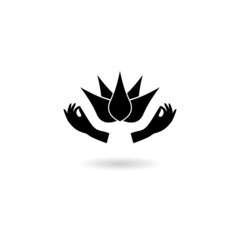 The hand holds a lotus flower icon with shadow