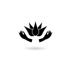 The hand holds a lotus flower icon with shadow