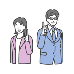 人差し指を立てるスーツの男女