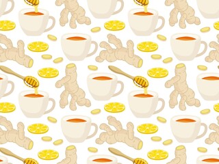 Ginger tea seamless pattern. Hand drawn ginger root, cup of tea, lemon slice, honey. Organic healthy food ingredient for farmer market, restaurant menu, wallpaper, harvest festival, cover design