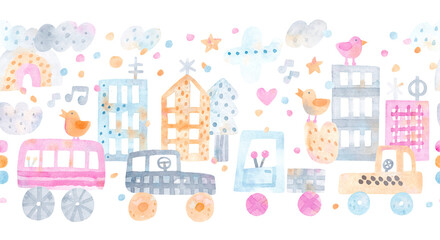 Watercolor city. Cute seamless pattern. Children's horizontal poster. Repeating banner. Watercolor illustration.