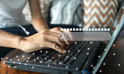 Hand of person or student using laptop with searching data on internet website, Search data on...