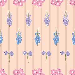 Delphinium flowers seamless vector pattern on beige striped background