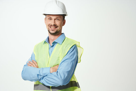 Man In Construction Uniform White Helmet Safety Studio