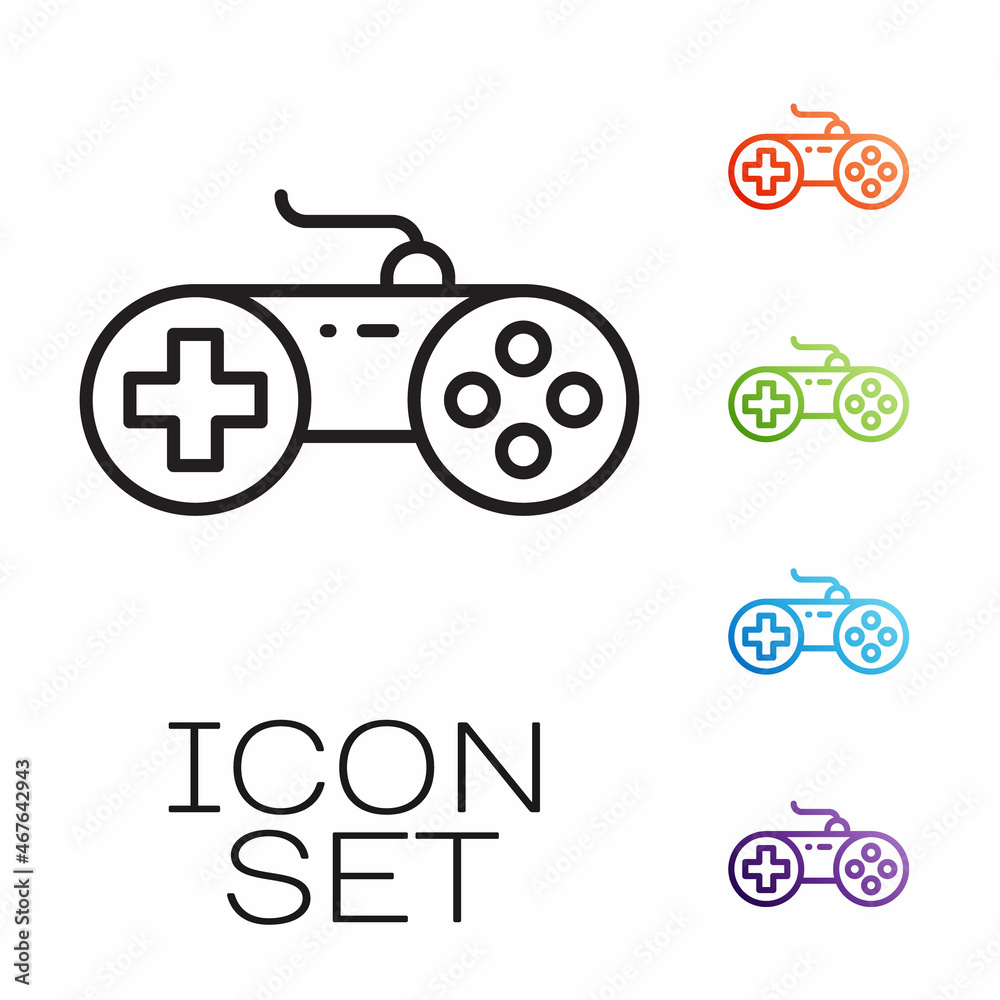 Sticker Black line Gamepad icon isolated on white background. Game controller. Set icons colorful. Vector