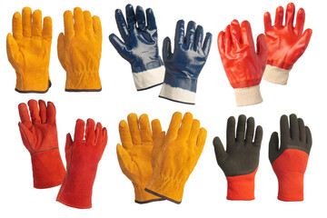 Set of work gloves on a white isolated background. Special clothing and protective equipment.