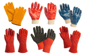 Set of work gloves on a white isolated background. Special clothing and protective equipment.