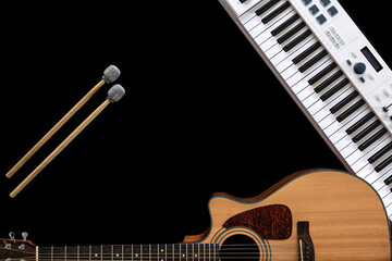 Music background with acoustic guitar, music keys and drum sticks, flat lay.