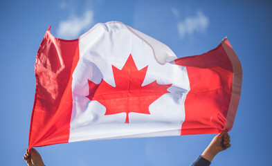 Kid boy holding Canada flag. Canadian National Holiday. 1 July.