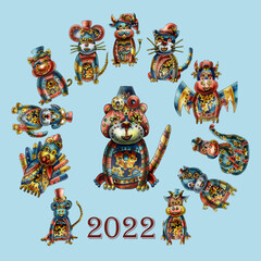steampunk 2022 tiger robot in the center of a circle of animal symbols of the Chinese New Year.  Watercolor illustration  hand drawn
