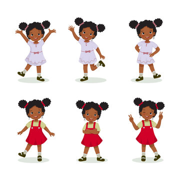 little African girl with hands and legs gestures in different standing poses, such as raising hands, waving, hand on the hip, crossed arm and standing with one leg.