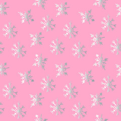 Seamless vector pattern with Christmas cute illustrations of silver line snowflakes on pink background.Winter,holiday print in doodle style hand drawn.Designs for textile,wrapping paper,scrapbooking.