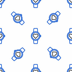 Line Smart watch showing heart beat rate icon isolated seamless pattern on white background. Fitness App concept. Colorful outline concept. Vector