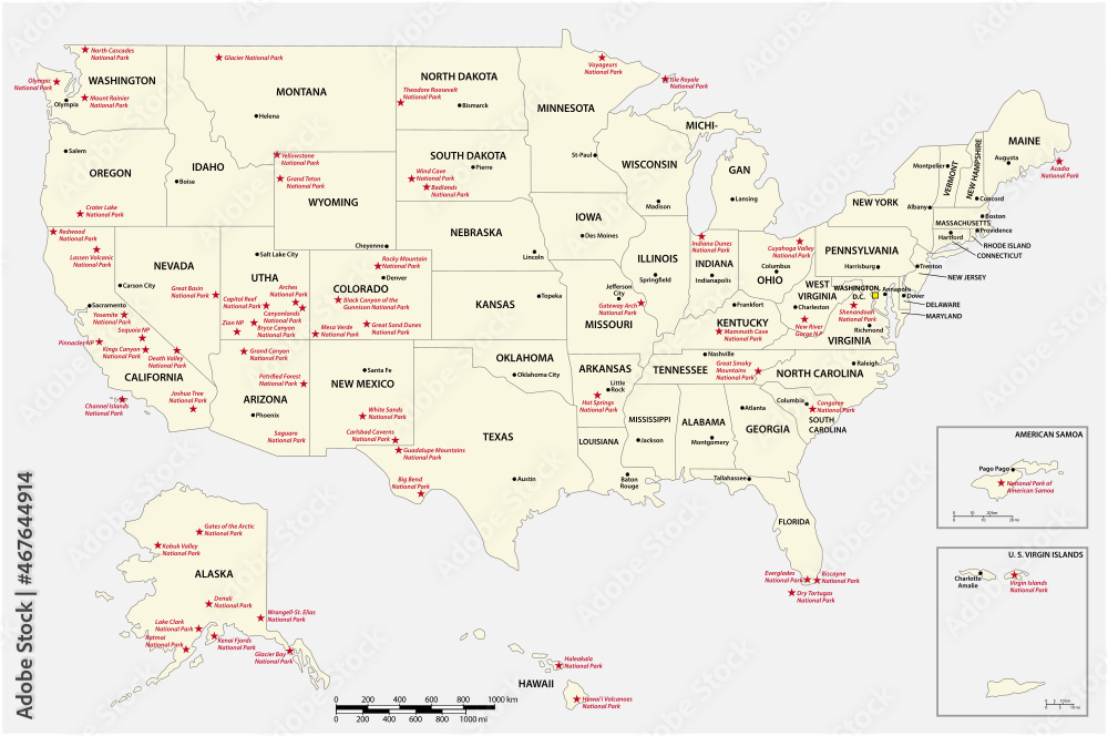 Sticker vector map of the us american national parks