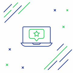 Line Laptop with star icon isolated on white background. Favorite, best rating, award symbol. Colorful outline concept. Vector