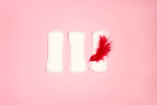 Menstrual pads with red feather on pink background.