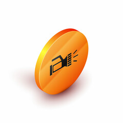 Isometric Flashlight for diver icon isolated on white background. Diving underwater equipment. Orange circle button. Vector