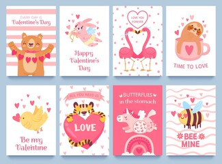 Fototapeta na wymiar Valentines cards with cute animals. Posters for valentine day with cartoon bunny, unicorn, flamingo and bee. Animals with hearts vector set