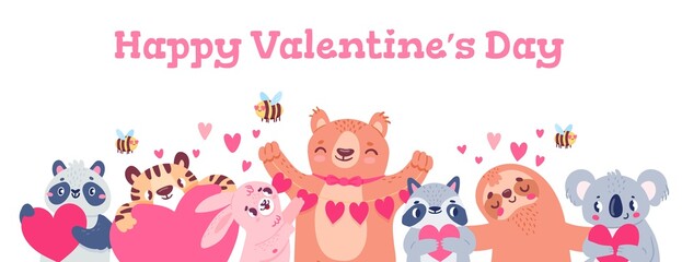 Valentines day banner with animals. Design with cute bear, panda, koala, bees and bunny holding hearts. Cartoon love holiday vector poster