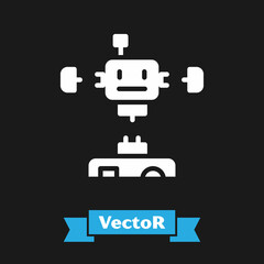 White Disassembled robot icon isolated on black background. Artificial intelligence, machine learning, cloud computing. Vector