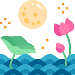 Full moon and lotus flower and leaf vector illustration scene for celebrate Loi Krathong festival. Loi Krathong is a Thailand floating decorated basket annual festival to respect river spirit