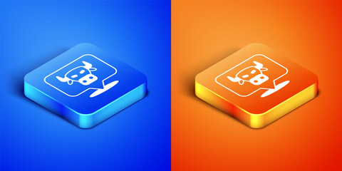 Isometric Cow head icon isolated on blue and orange background. Square button. Vector