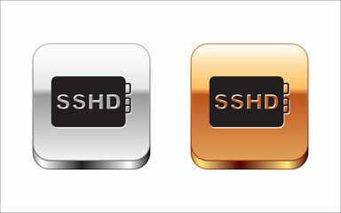 Black SSHD card icon isolated on white background. Solid state drive sign. Storage disk symbol. Silver and gold square buttons. Vector