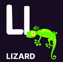 Alphabet L, L for lizard. Vector illustration of educational alphabet card cartoon character for kids.