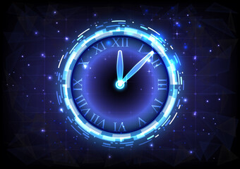 Futuristic Sci-Fi glowing HUD clock. Abstract time machine and polygon hi-tech background. Data computer of head-up display interface. Virtual reality technology timer. Deadline concept