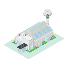 Isometric recycle factory building manufacturing industrial plant and warehouse storage. Infographic element representing on white screen