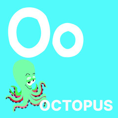 Alphabet O, O for octopus. Vector illustration of educational alphabet card cartoon character for kids.