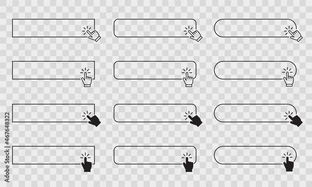 Aufkleber click buttons set. hand pointer clicking on web button isolated on transparent background