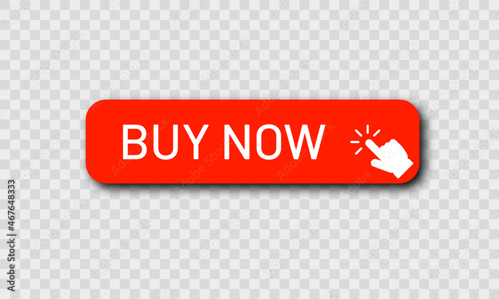 Poster buy now red button with clicking hand pointer isolated on transparent background