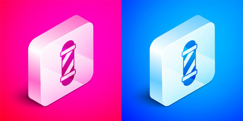 Isometric Classic Barber shop pole icon isolated on pink and blue background. Barbershop pole symbol. Silver square button. Vector