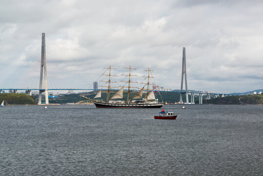 Vladivostok, Russia - September 12, 2019: Sailing ship "Pallada" in the waters of the Ussuri Bay.