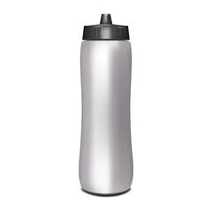 Insulated silver gray water bottle with black cap. Realistic vector mockup. Blank fitness sport flask mock-up