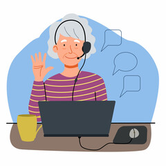 An elderly woman works at home at a computer. Cute granny is sitting at her desk and working. Freelance for pensioners. Flat vector illustration