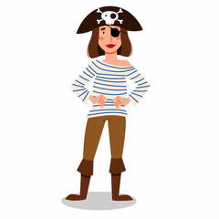 a pirate character of a girl in a suit, hat and an eye patch. A woman in a striped jacket, hands on her waist. vector illustration of a pirate sailor isolated on a white background
