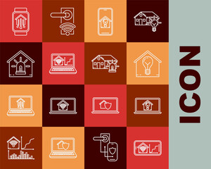 Set line Mobile phone with smart home with wi-fi, Laptop house and light bulb, Smart, alarm, watch and icon. Vector