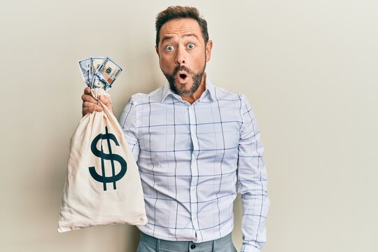 Middle age man wearing business shirt holding dollars bag scared and amazed with open mouth for surprise, disbelief face