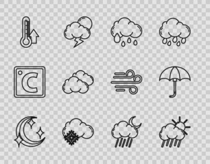 Fototapeta premium Set line Moon and stars, Cloud with rain sun, snow, Thermometer, moon and Classic elegant opened umbrella icon. Vector