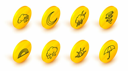 Set line Classic elegant opened umbrella, Sunset, Cloud with rain, Rainbow clouds, Tornado, and moon, Moon stars and Fahrenheit icon. Vector © Oksana