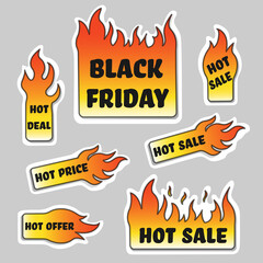 Hot discounts. Hot sale labels. Vector graphics.