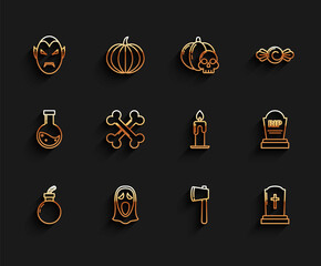 Set line Bomb ready to explode, Funny and scary ghost mask for Halloween, Vampire, Wooden axe, Tombstone with cross, Crossed bones, RIP and Burning candle icon. Vector