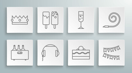 Set line Bottles of wine in a wooden box, Ice cream, Headphones, Cake, Carnival garland with flags, Glass champagne, Birthday party horn and Crown icon. Vector
