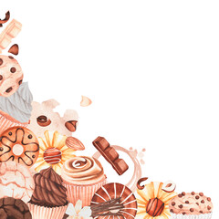 Frame of sweets. Watercolor vintage illustration. Isolated on a white background. For your design.